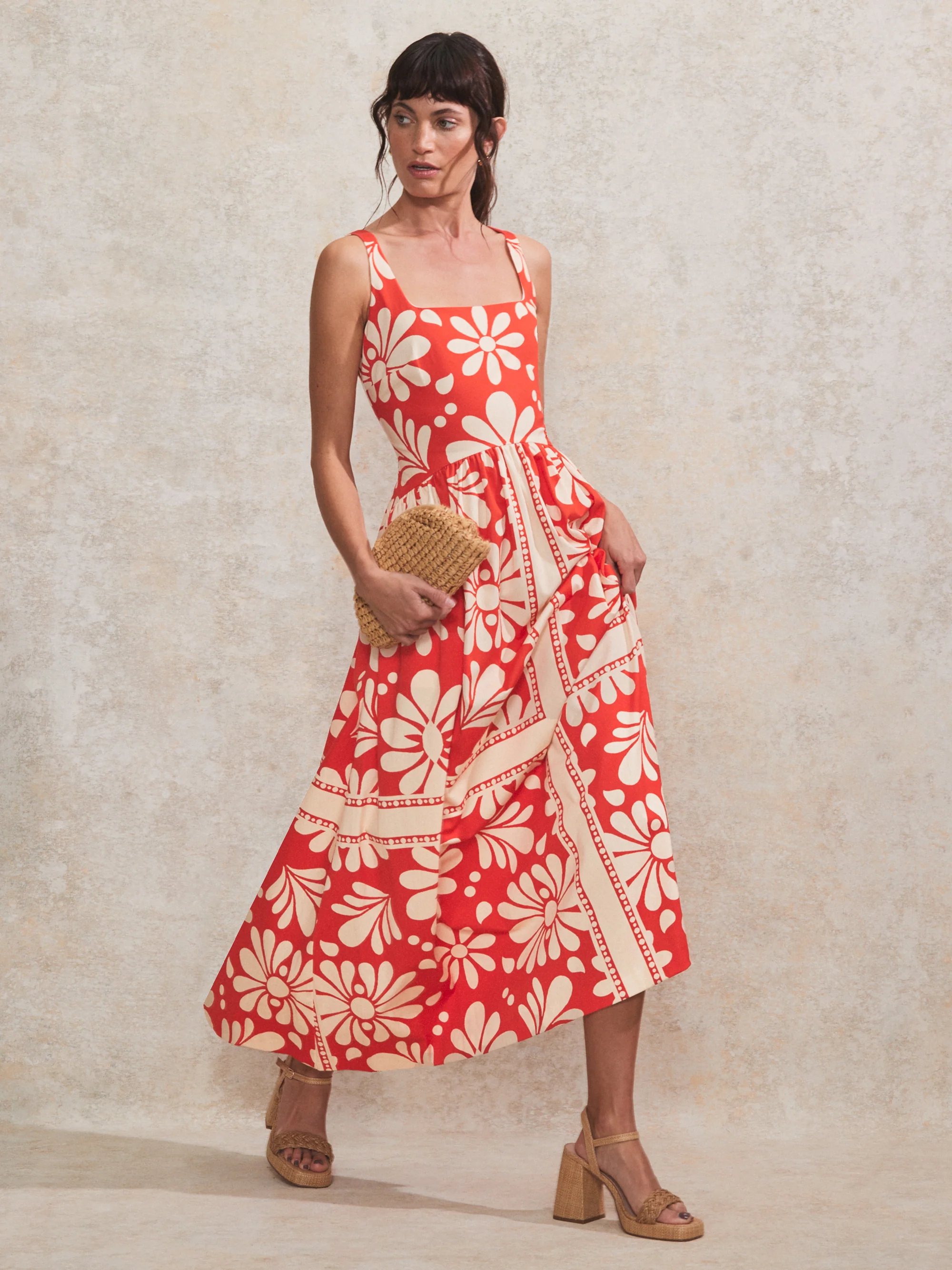 Raya Red Floral-Print Square-Neck Cotton Dress
