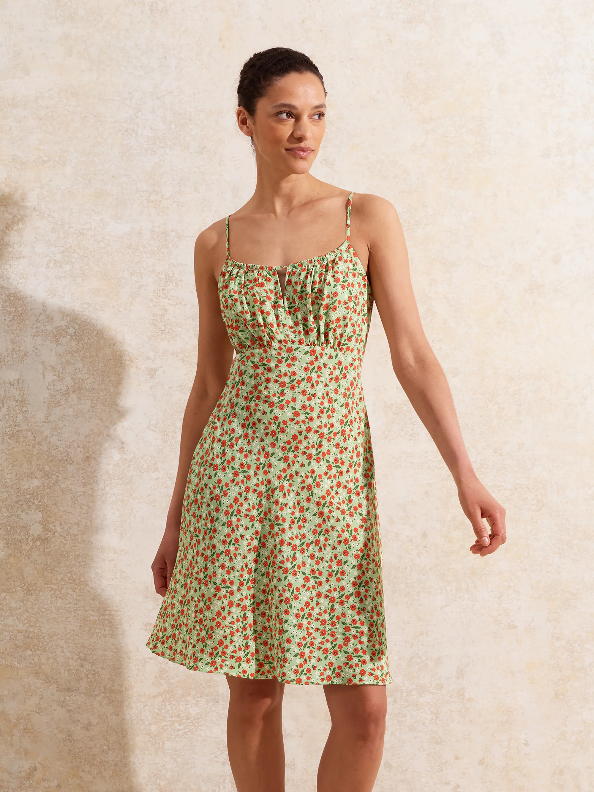 Red And Green Ditsy Floral-Print Mini Dress