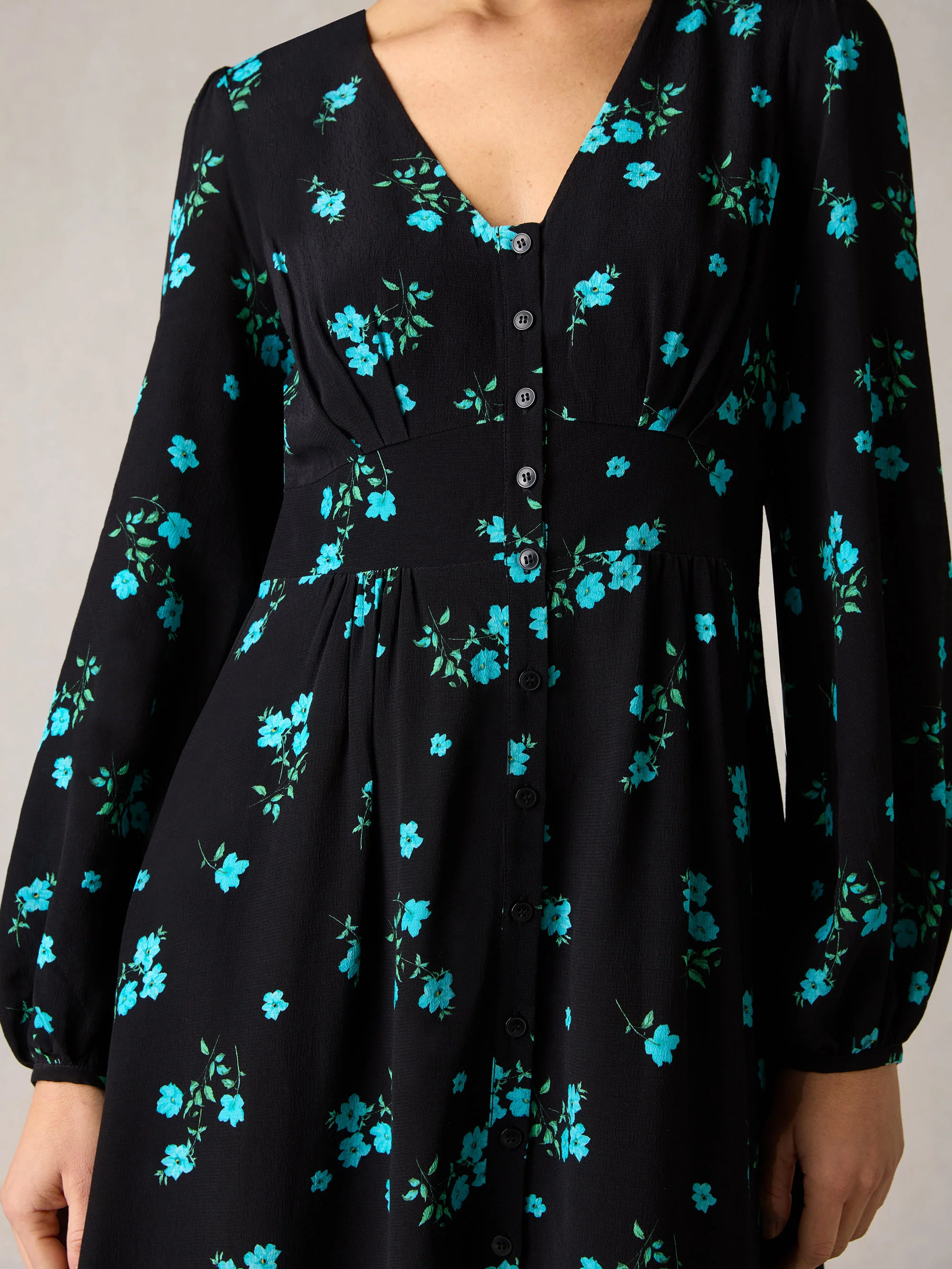 Petite Blue Cluster Floral Button Front Midi Dress