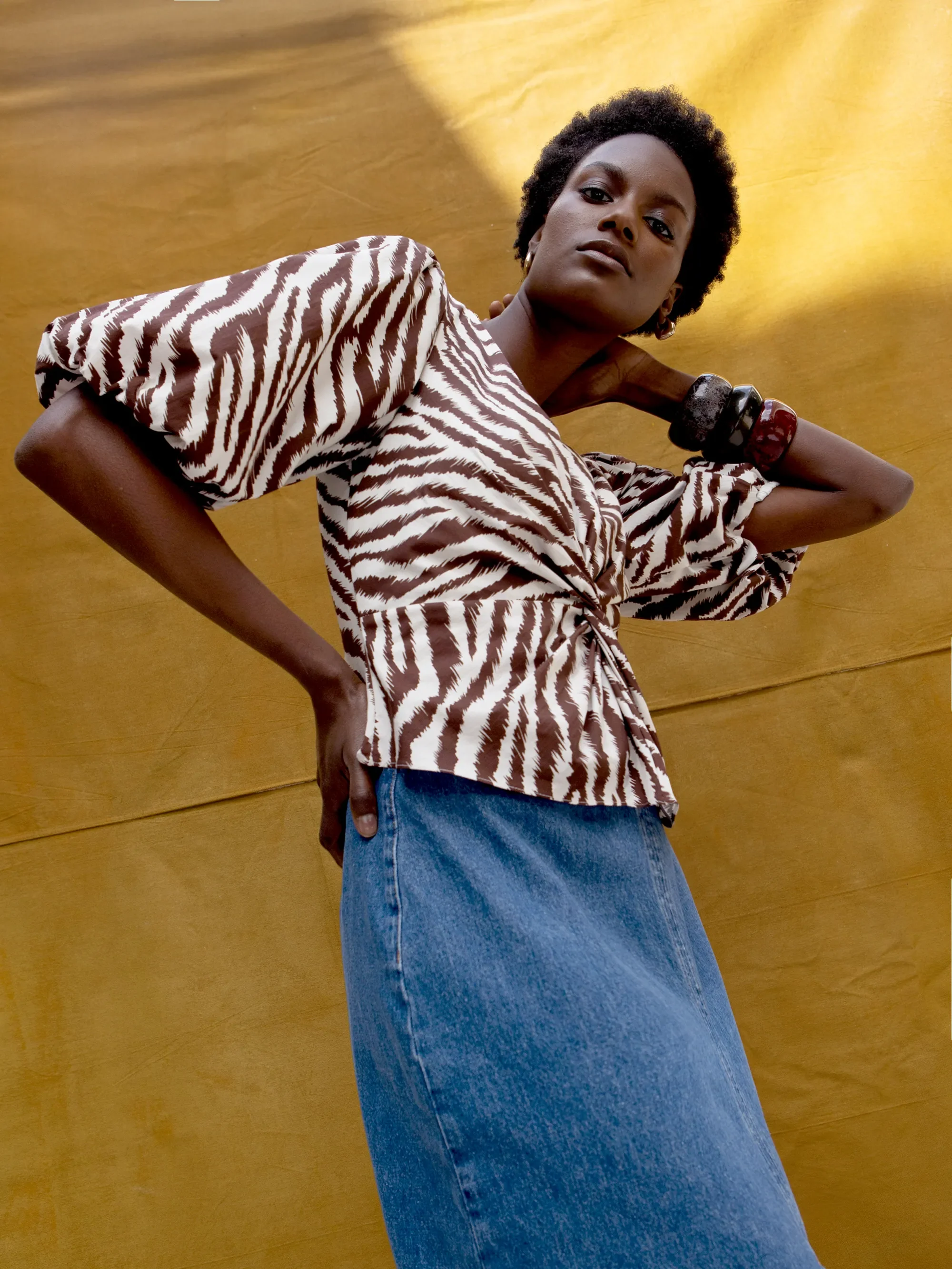 Brown Zebra Print Twist Front Cotton Blouse