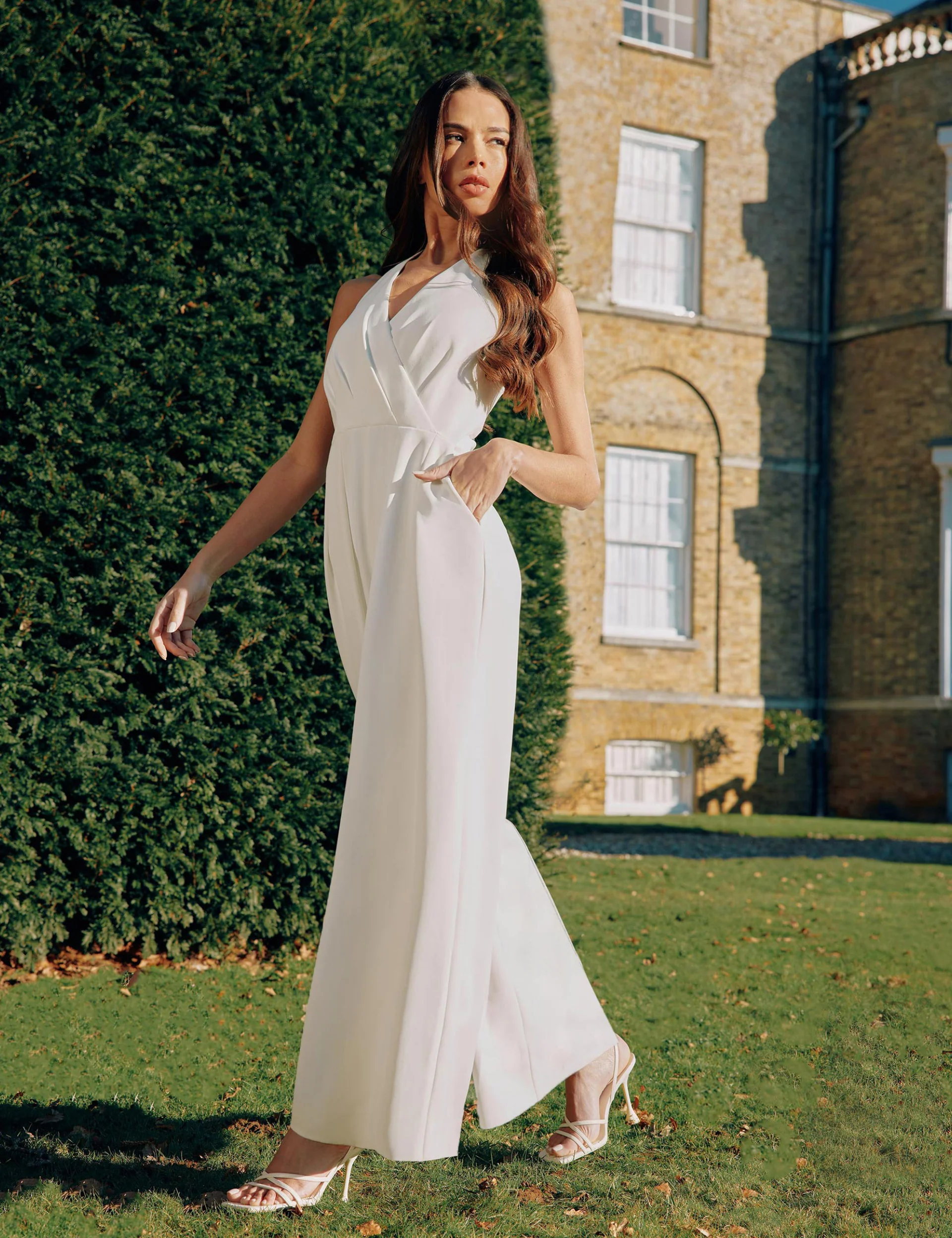 White Crepe Halterneck Wide Leg Jumpsuit