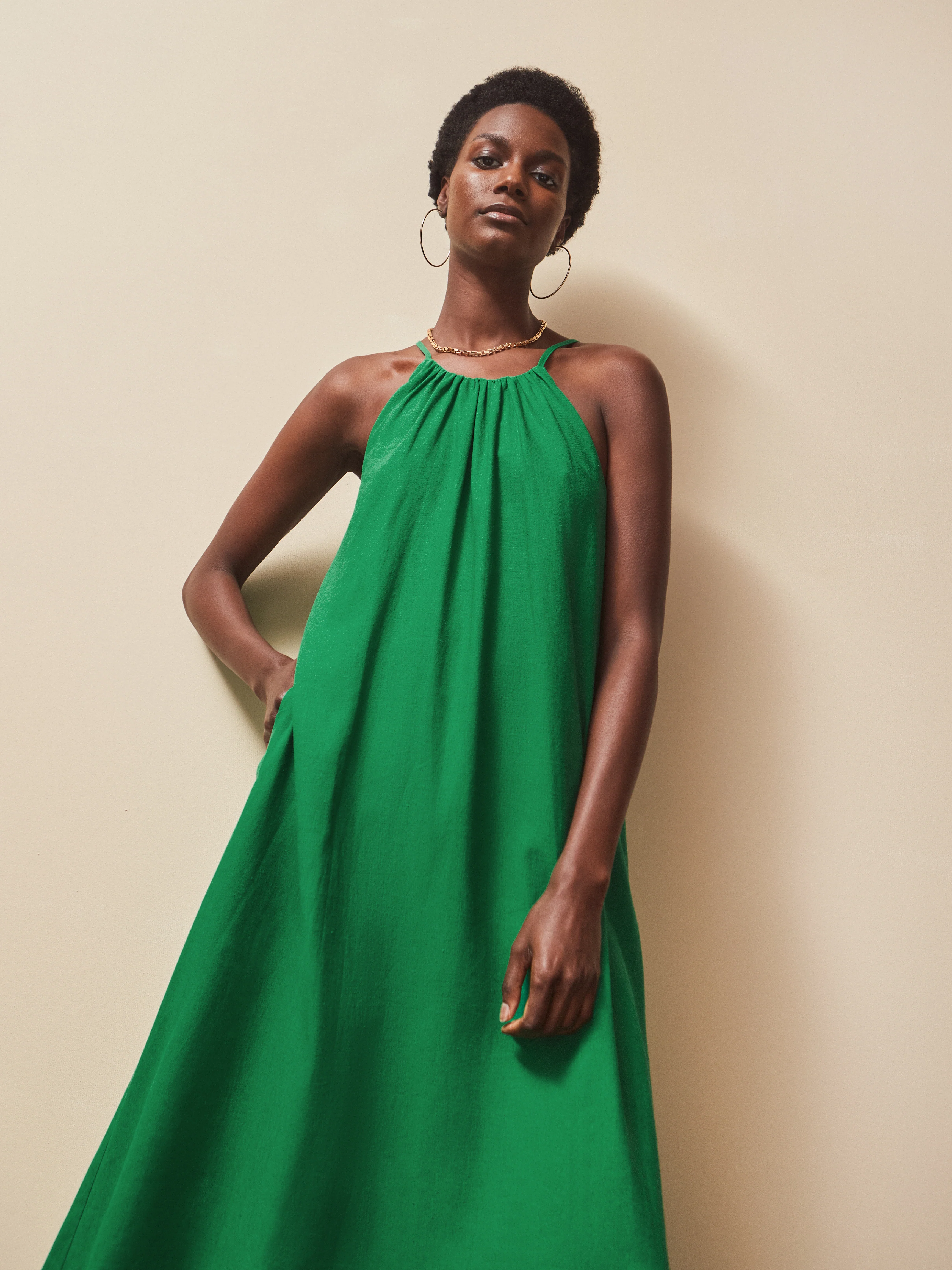 Green Linen Blend Tie Detail Maxi Dress