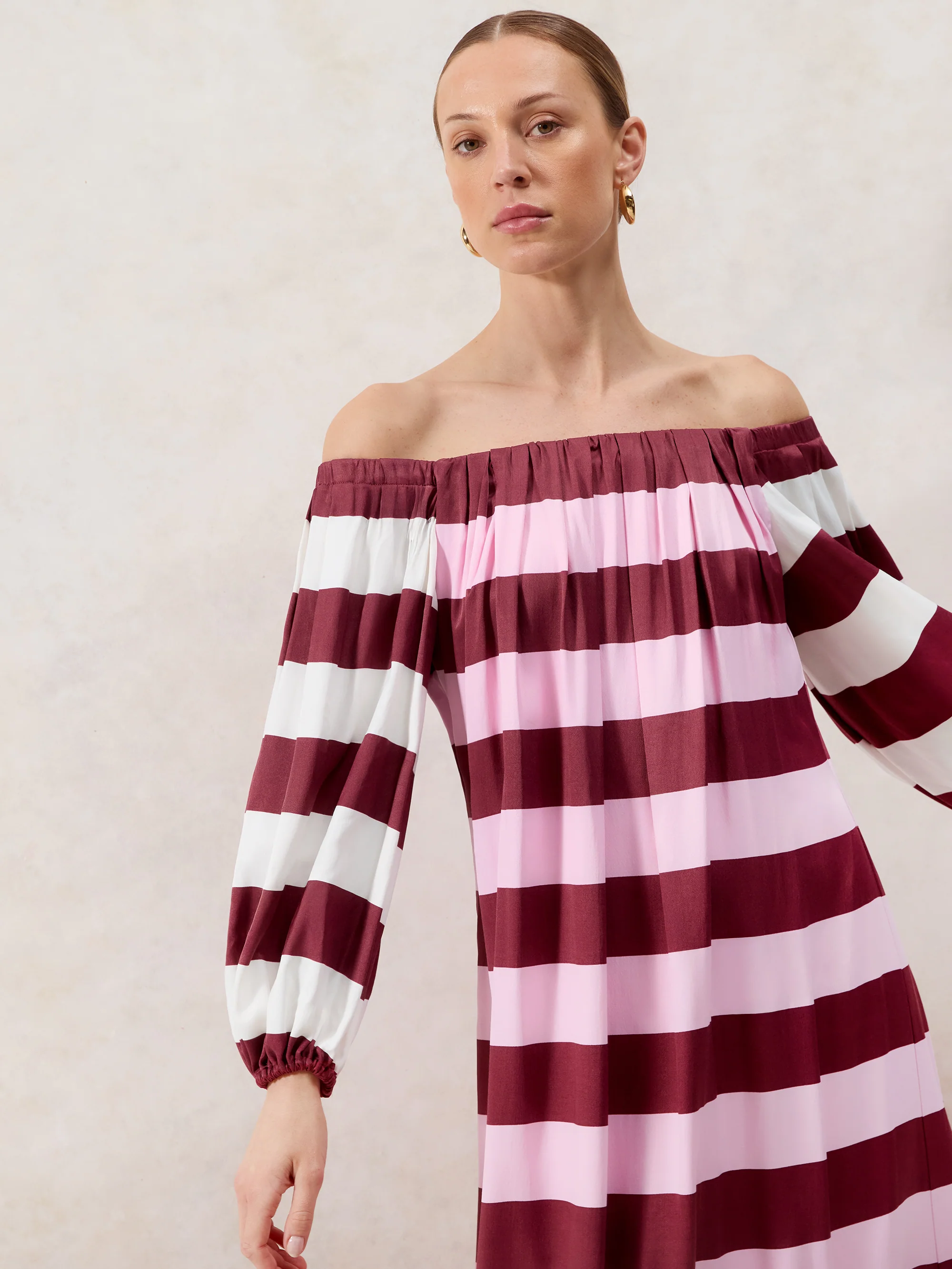 Gigi Pink Striped Bardot Maxi Dress