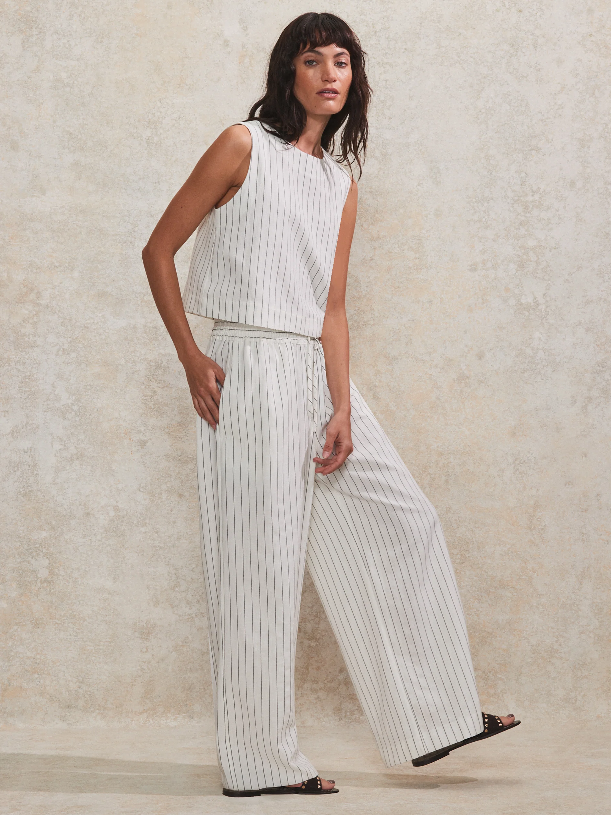 Petite Ivory Pinstripe Linen-Blend Wide-Leg Trousers