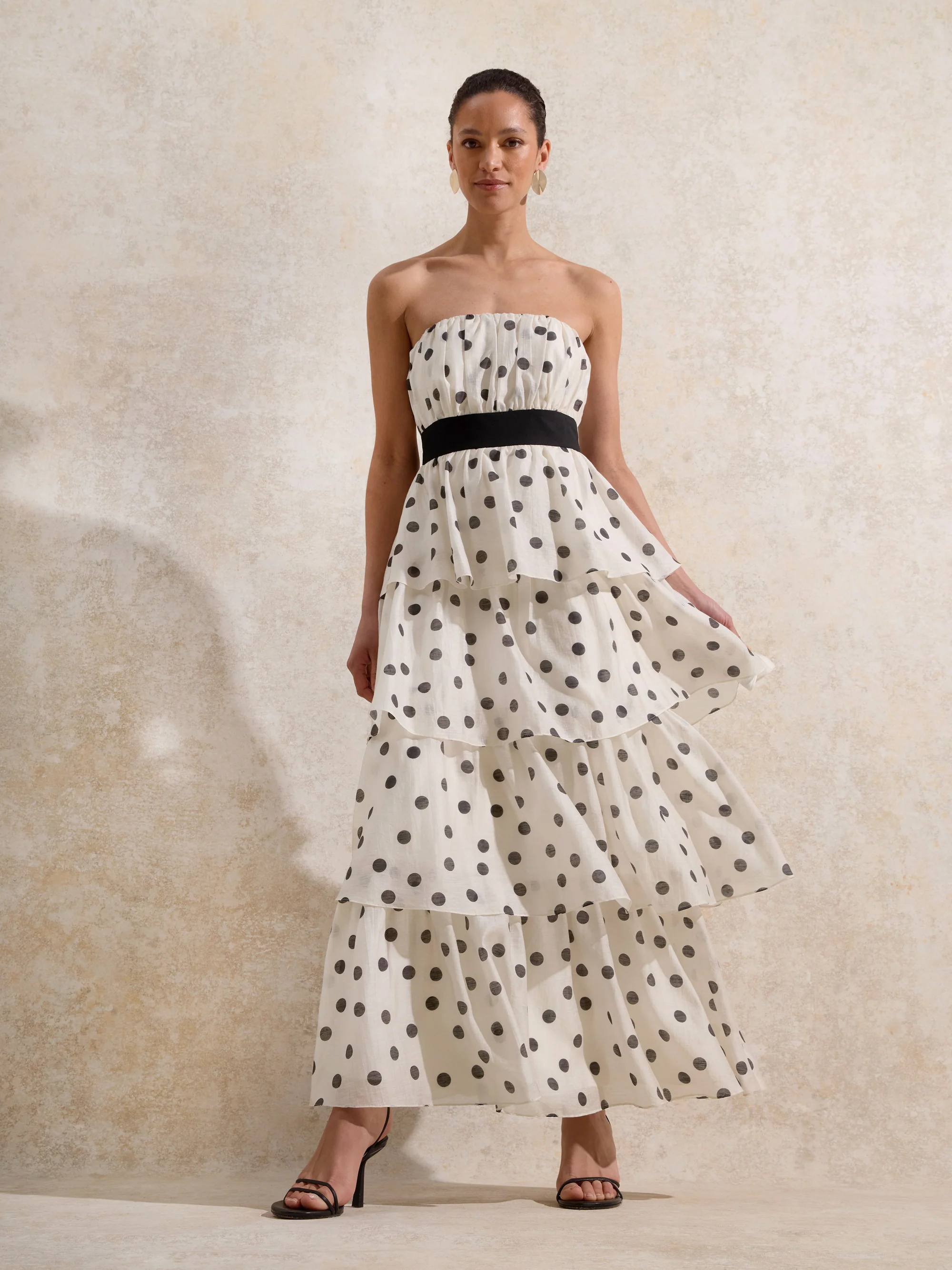 Claudia Black and White Polka Dot-Print Tiered Dress