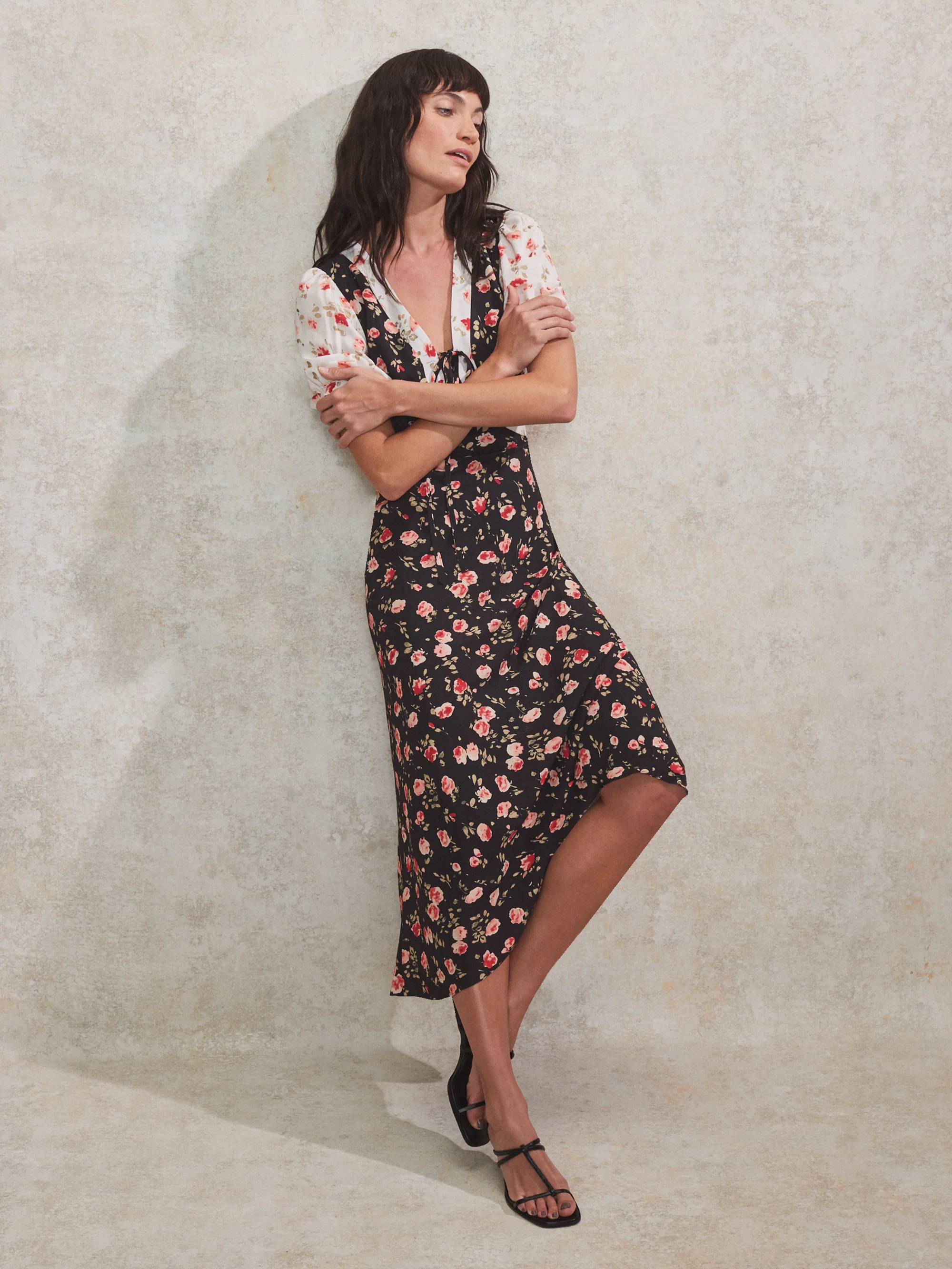 Contrast Rose-Print Puff-Sleeve Midi Dress