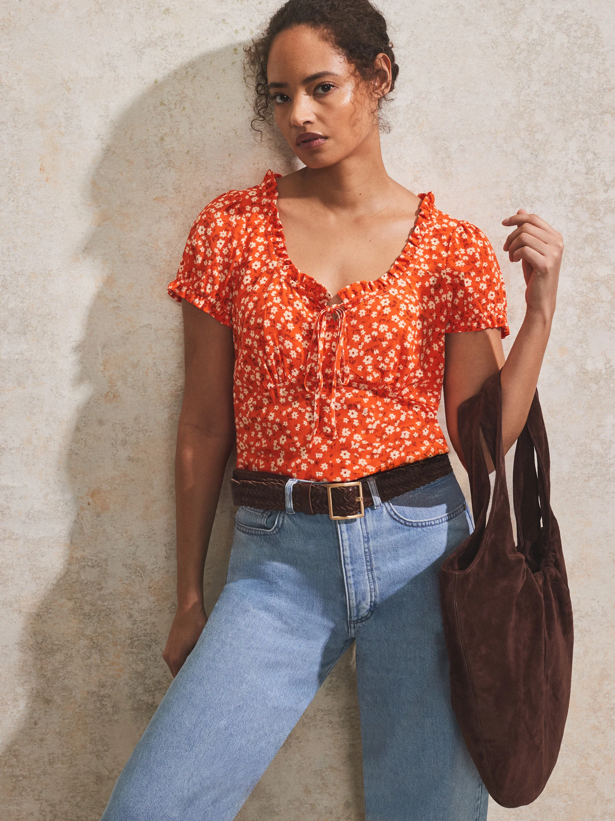 Red Ditsy-Print Puff-Sleeve Blouse