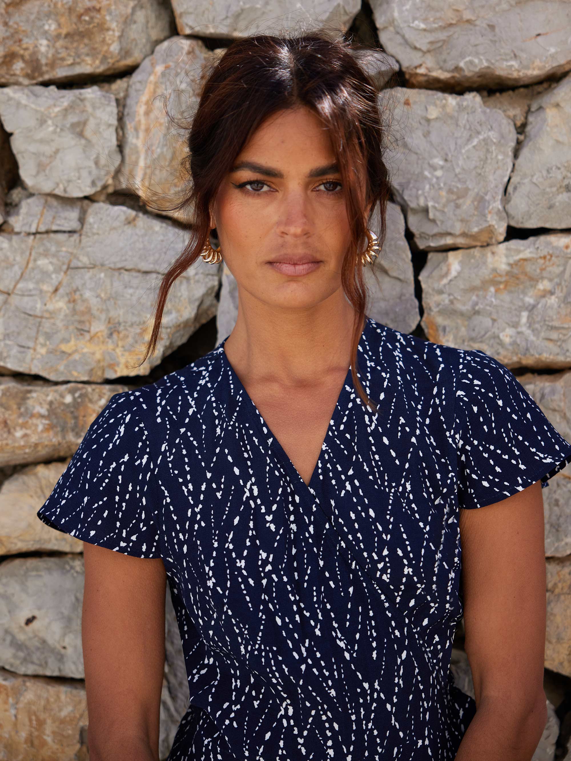 Navy Dash Print Wrap Midi Dress