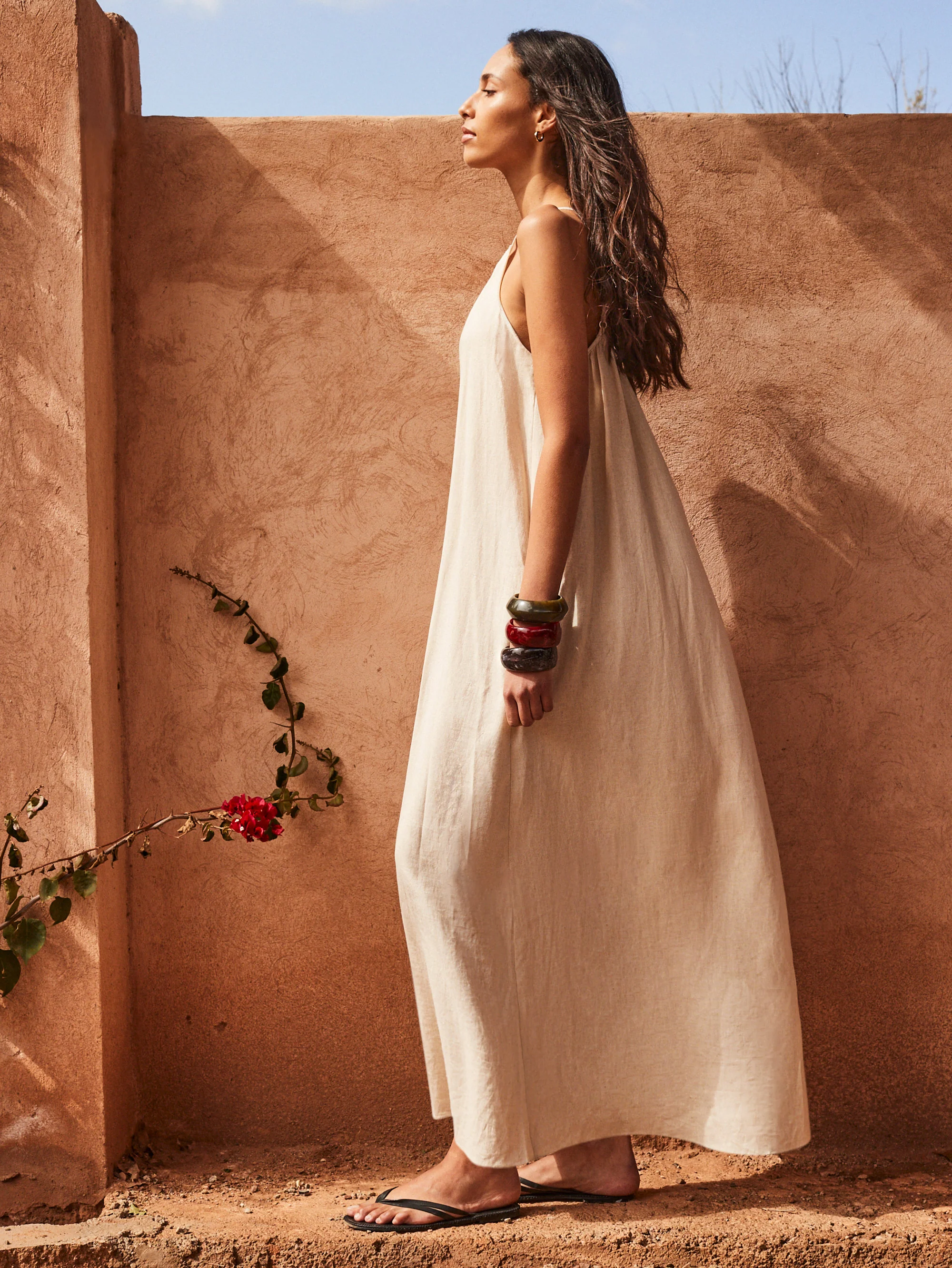 Ecru Tie-Detail Linen-Blend Maxi Dress