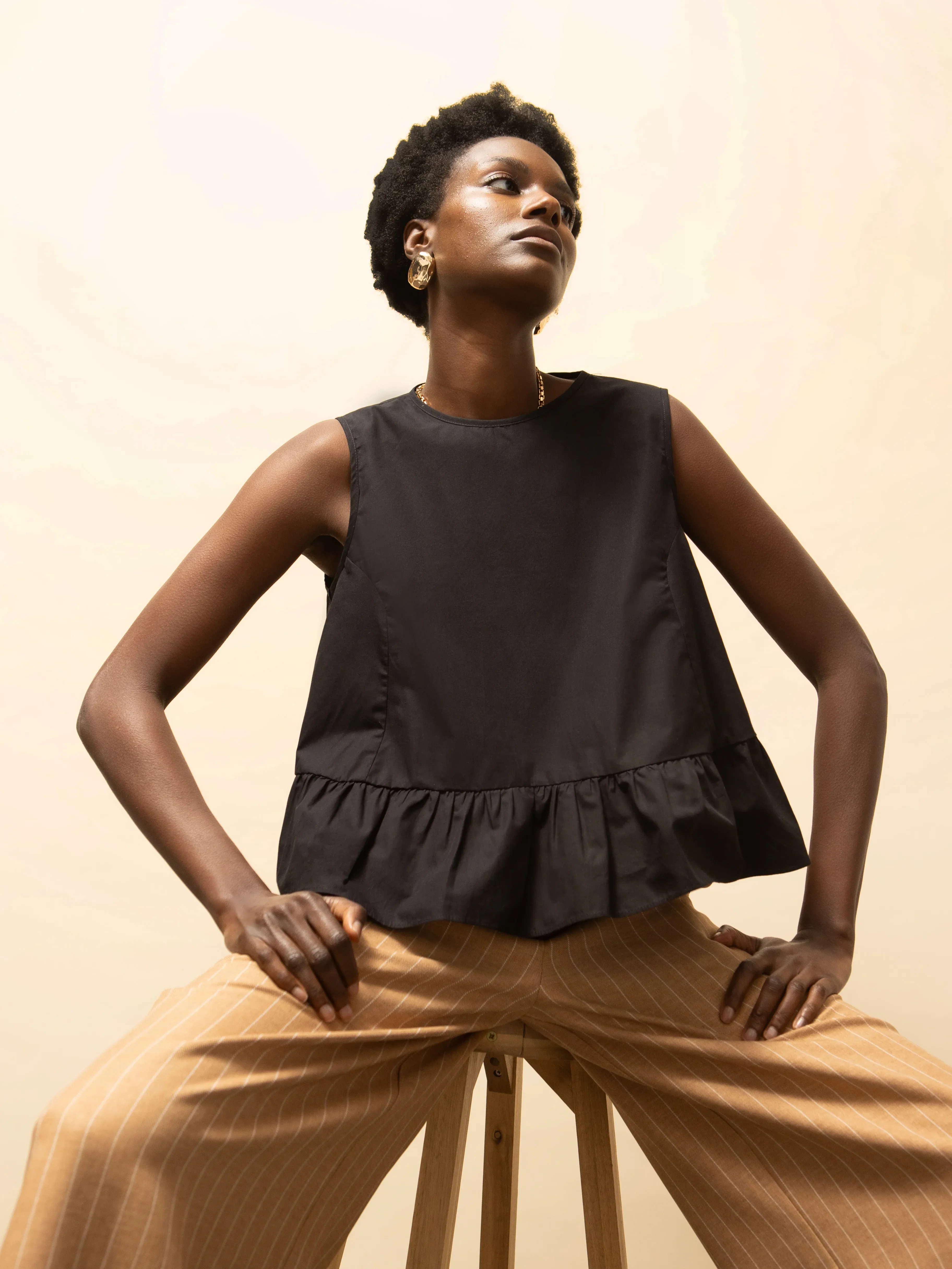 Black Frill Hem Cotton Top